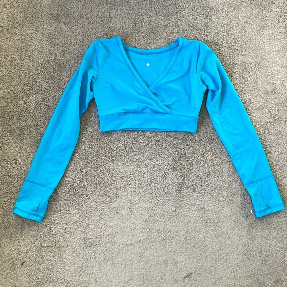 EC Triple Flip Blue Long Sleeve Cross Front Cropped Shirt - Size 6 (14/16)